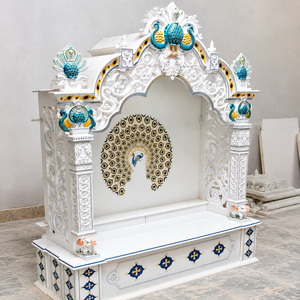 Luxury Hand Carved Makrana Marble Traditional Design Pooja <b>Mandir</b> Home | LED Backlit Om Symbol Floor Mount - Product Image 3