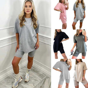 มาใหม่โลโก้ที่กําหนดเองฤดูใบไม้ผลิฤดูร้อนธรรมดาOคอLoungewearเสื้อผ้าผู้หญิงสองชิ้นกางเกงขาสั้นชุดBikerกางเกงขาสั้นชุด - Product Image 1