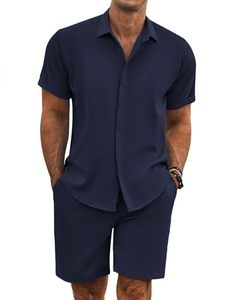 Ensemble décontracté d'été 2 pièces pour homme : chemise à manches courtes en coton gaufré à motifs et short assorti – Tenue respirante pour homme - Product Image 2