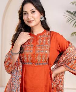 <b>Women</b> Cotton Salwar Kameez Set Orange Embroidered Traditional Ankle-Length Loose Fit Ethnic Outfit for Casual Wear India - Product Image 2