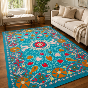 Couvre-lit en coton brodé Suzani fait main, turquoise, multicolore, floral, style bohème, couvre-lit traditionnel indien, décoration ethnique pour la maison - Product Image 1