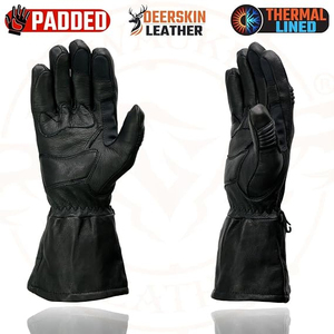 Gants de moto en cuir de cerf noirs pour hommes Samroz Sports, avec manchette longue et doublure thermique - Product Image 2