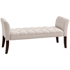 Panca Imbottita Beige con Bottoni e Gambe e Braccioli in Legno Massello per l'Uso a Fine Letto - Product Image 1