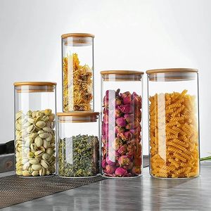 Glass Food <b>Storage</b> <b>Containers</b> With Wood Lids Cylinder Shape Airtight Freshness Preservation Kitchen Use <b>Stackable</b> - Product Image 1