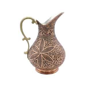 Ornate made in India checkered and floral <b>copper</b> water pitcher with brass <b>handles</b>, available at wholesale prices. - Product Image 5