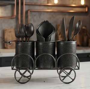 Organizador de Cubiertos Industrial de Metal Negro con Ruedas para 3 Tazas, Soporte para Cubiertos para Cocina - Product Image 4