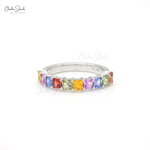 Envío Rápido, Anillo de Media Eternidad con Zafiros Naturales Multicolores de Corte Cuadrado de 3MM, Oro Blanco Sólido de 14K, Anillo de Bodas, Joyería en Stock - Product Image 1
