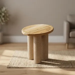 Modern Scandinavian Wood <b>Side</b> <b>Table</b> with <b>Round</b> Top and Textured Legs Living Room Furniture - Product Image 5