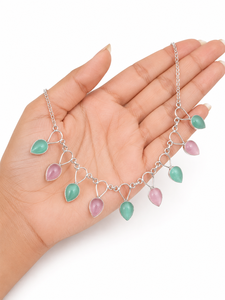 Collar Étnico de Latón Plateado con Circonitas en Forma de Lágrima, Estilo Bohemia para Mujer, Cadena de Caja, Engaste de Bisel Verde y Rosa - Product Image 4