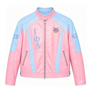 Gamma Phi Delta PU Leather Varsity <b>Jacket</b> Blue & Pink Letter 1943 Print Full Sleeve Zipper Casual Women's <b>Racing</b> <b>Jacket</b> - Product Image 1