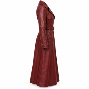 Abrigo Largo de Cuero Borgoña para Mujer, Estilo Gabardina, con Cinturón, Personalizado, OEM, ODM, Venta al Por Mayor de Fábrica - Product Image 3