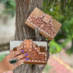 Cartera de cuero con pelo en piel oculta, cartera tallada a mano occidental, tarjetas de cuero talladas con herramientas Vintage, regalos de billetera en efectivo - Product Image 3