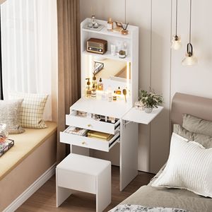 Small Space Makeup <b>Vanity</b> <b>Table</b> Set with 3 Adjustable Lighted <b>Mirror</b> and Storage Chair White Dress-for Limited Areas - Product Image 2