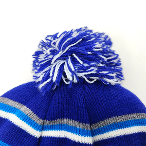 Bonnet rayé bleu avec pompon, unisexe, hiver, taille adulte 56-58 cm, tricoté à la machine, acrylique, style décontracté - Product Image 3