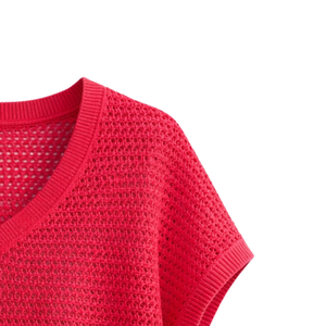 Haut en maille ajourée à col en V et manches courtes pour femme – Respirant, texturé, décontracté, coupe ample, pull tendance pour l'été - Product Image 6