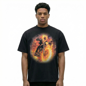Oversized <b>Black</b> T-Shirt Men Street Style O-Neck Short Sleeve Digital Print Flame Letter V Pattern Jersey Knitted Cotton - Product Image 2