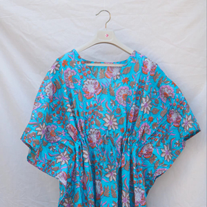 Premium Quality Women's Boho-Style <b>Kaftan</b> Dress Hand Block Print Cotton Floral Hand-Stitched Appliques <b>Maxi</b> Length for Summer - Product Image 1