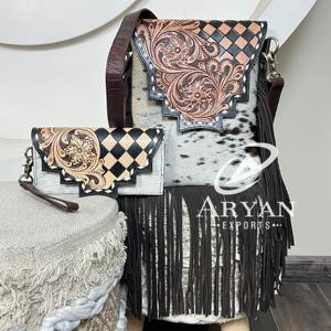 New Product Hand Tooled Cowhide Leather Fringe Crossbody Bag With Checkered Design Matching Women's Clutch Set Stylish Purse - Product Image 1