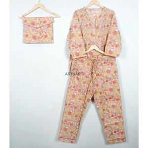 Conjunto de pijamas de algodón 100% con estampado floral para mujer, pijama de manga larga con cuello redondo, ropa de dormir informal para verano y primavera - Product Image 3