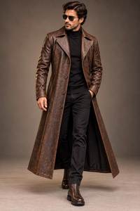 <b>Men</b> Genuine Leather <b>Long</b> Trench <b>Coat</b> Notched Lapel Single Breasted Overcoat With Pockets Regular Fit - Product Image 2