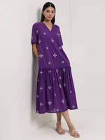 Robe longue violette à col en V avec manches trois quarts, coupe ample, tenue décontractée pour tous les jours, motif à pois dessiné à la main, tissu en viscose tissé
