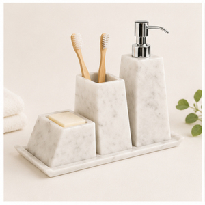 Classic Natural White Marble Bathroom Accessory Set with Soap Dispenser <b>Toothbrush</b> <b>Holder</b> and Vanity Tray or Home & Hotel Decor - Product Image 1