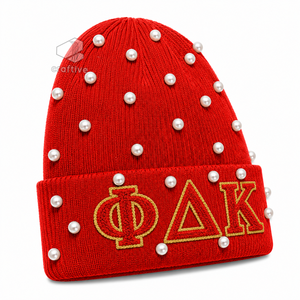 Bonnet en tricot pour femme NSPDK Sorority, orné de perles rouges, broderie chenille avec lettres grecques, chapeau d'hiver décontracté - Product Image 2