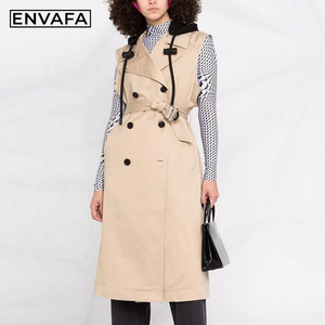 ENVAFA <b>Women</b> Hooded Sleeveless Double Breasted Trench <b>Coat</b> Long <b>Belted</b> Casual Windproof Waterproof Eco-Friendly Solid Color 100% - Product Image 1