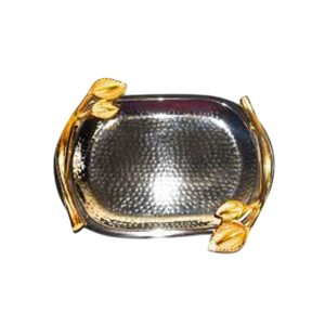 Modern Stainless Steel Decorative Serving Tray With Unique Gold Orchid Floral Handles Rectangular Hammered Metal <b>Coffee</b> <b>Table</b> - Product Image 2