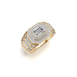 Anillo de Diamantes Imperial Redondo y Esmeralda para Hombre en Oro Amarillo de 18K, Anillo de Diamantes Creados en Laboratorio para Boda y Compromiso en Venta - Product Image 5
