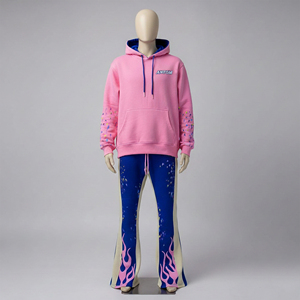 Conjunto de Sudadera con Capucha Rosa Personalizada y Pantalones Deportivos Anchos con Estampado de Llamas y Grafiti, Ropa Deportiva Urbana para Hombre y Mujer - Product Image 2