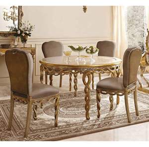 Traditional 5 Piece Dining Room Set With Round Table And Solid Back <b>Chairs</b> Antique Gold Finish Wood Furniture For Home - Product Image 1