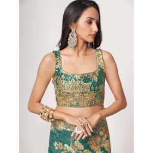 Magnifique Saree classique en organza à imprimé floral bleu sarin avec chemisier Zeel Clothing non cousu - Product Image 3