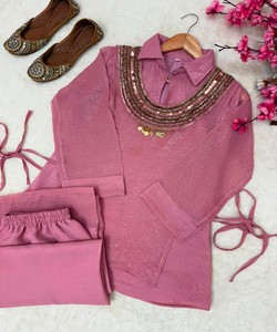 Ensemble Kurta Palazzo en soie rose vintage traditionnel pour femmes, coupe ample, séchage rapide, style Inde Pakistan, tenue décontractée 86109 VRINDAVAN- VF - Product Image 4