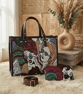 Bohemian Jacquard Waterproof <b>Tote</b> <b>Bag</b> with <b>ZIP</b> Closure and Character Print Matching Pouch for Women Daily Use - Product Image 2