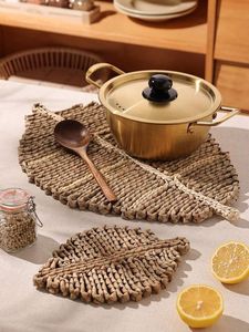 Bohemian Leaf Shape Handmade Woven <b>Rattan</b> Coaster Natural Heat Insulation <b>Table</b> Mat Coffee Cup Boho <b>Dining</b> Kitchen Home Decor - Product Image 2