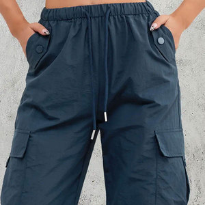 Pantalon cargo bleu marine pour femme, taille élastique avec cordon de serrage, plusieurs poches, décontracté, respirant, pour l'automne, en polyester tissé - Product Image 2