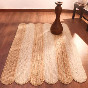Tapis en jute moderne réversible tressé à la machine, à bords festonnés, écologique, rayé blanc naturel pour la maison et l'hôtel - Product Image 1