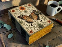 Carnet en cuir personnalisé 200 feuilles, motif papillon, fait main, floral, botanique, journal d'écriture, style vintage, nature, aquarelle