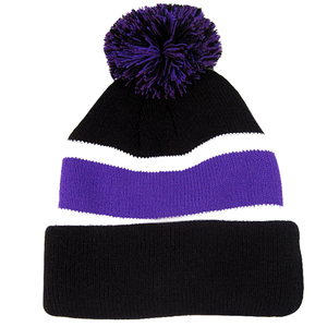 Unisex <b>Navy</b> Blue Striped Beanie With Pom-Pom Knit Winter <b>Hat</b> Casual Adult Size 56-58CM - Product Image 1