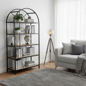 Étagère ouverte multifonctionnelle en bois de manguier de style industriel moderne, cadre en métal, 5 niveaux, grande étagère de présentation, bibliothèque, unité de bureau à domicile - Product Image 1