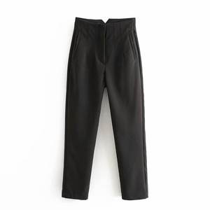 Pantalon crayon taille haute uni pour femme, formel, longueur cheville, en tissu peigné, avec poches et fermeture éclair, style automne - Product Image 2