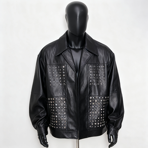 Veste en cuir PU noir pour homme avec décoration de rivets en strass, col rabattu, manches classiques, style punk, vêtement d'automne, strass - Product Image 2