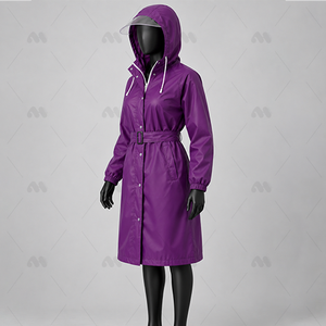 Manteau long décontracté pour femme, imperméable, en toile imprimée, écologique, violet, à capuche, avec ceinture, manches longues, couleur unie - Product Image 3
