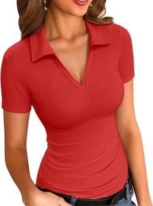 Polo de Punto Personalizado para Mujer 2026, Color Verde Oliva Sólido, Manga Corta, Cuello en V, Largo Regular, Estilo Casual - Product Image 5