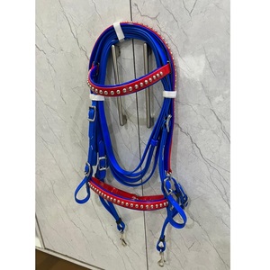 Juego de Brida para Caballo de PVC con Tachuelas Metálicas Azul Rojo Biothene, con Cabezalera y Correa Nasal a Juego, Impermeable, en 4 Tamaños - Product Image 2