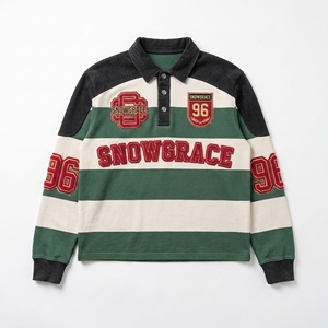 Snowgrace Striped Rugby Shirt Short Sleeve Turn-down Collar Relaxed Fit Boys Spring Summer Breathable Embroidered Logo - Product Image 1