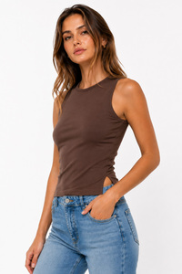 Débardeur dos nageur couleur unie, coupe ajustée personnalisée, fente latérale, col rond, sans manches, pour femme, gilet d'été, camisole basique coupe slim, ODM - Product Image 3