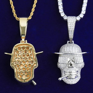 Pendentif crâne en argent 925 plaqué or avec chapeau et cigare, style hip hop, pour homme. - Product Image 2