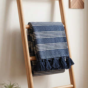 Premium <b>Navy</b> Blue Woven Sofa Throw Horizontal Striped Cotton Blanket Coastal Living Room Styling - Product Image 1